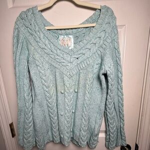 Vintage Womens blue Sweater Sz L Chunky Embroidery Vneck Cotton Wool Blend